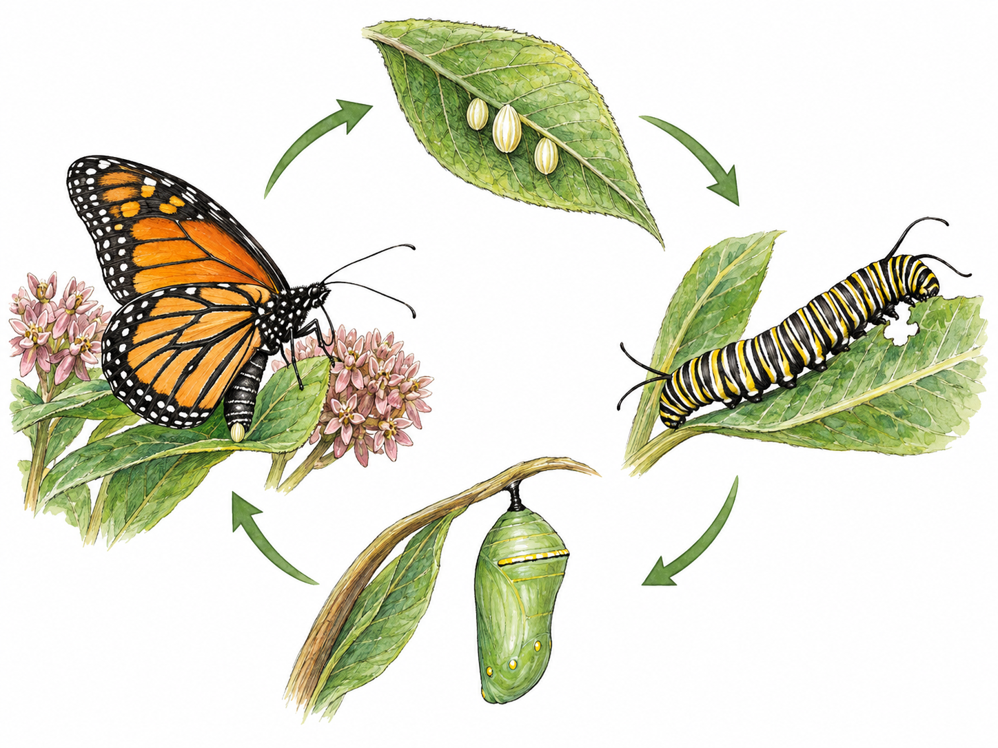 A butterfly life cycle arranged in a closed circular sequence: eggs on milkweed, a caterpillar, a hanging chrysalis, and an adult monarch laying eggs.