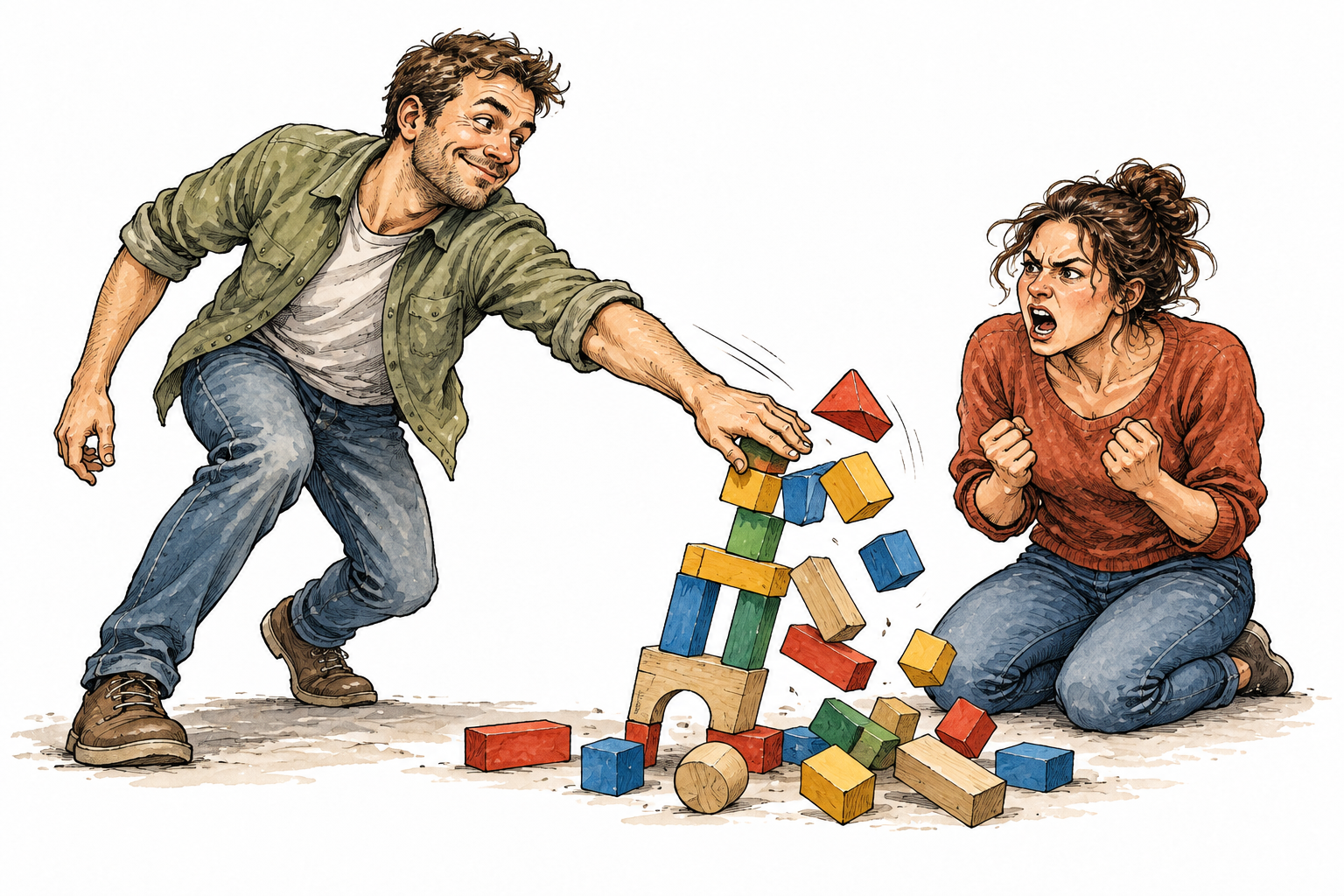 Adult deliberately knocks another person's carefully stacked blocks over, causing visible anger, restrained nonviolent scene.