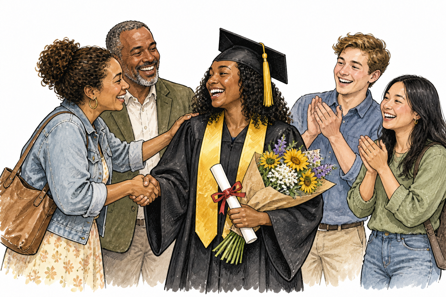Friends congratulate a Black graduate with warm handshakes and delighted expressions.