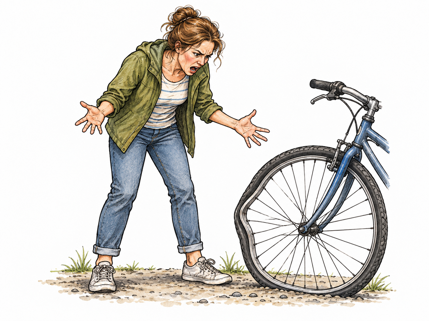 An adult white woman stands beside her freshly dented bicycle wheel, visibly very angry, eyebrows lowered and mouth protesting, open hands emphatic.