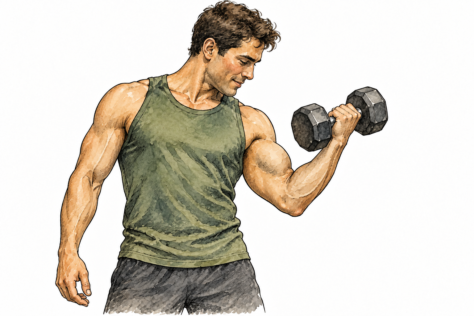 Adult flexes an arm while lifting modest dumbbell, physical body and material exertion.