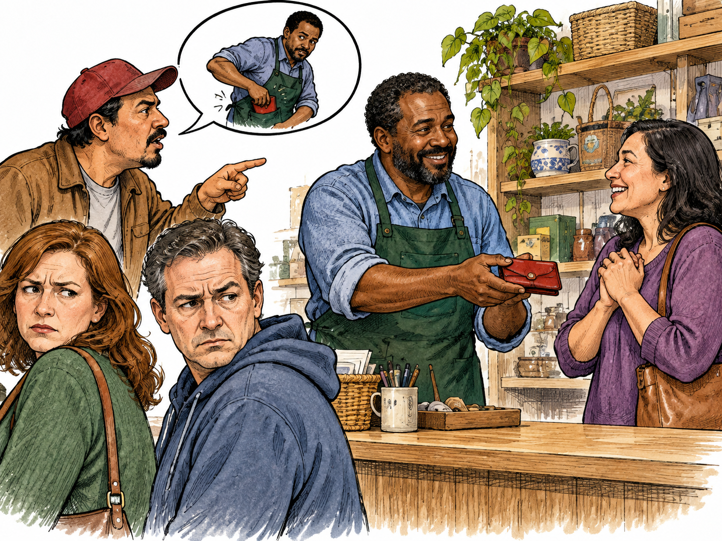 A Latino man speaks a harmful false accusation about a Black shopkeeper, a picture-only bubble falsely showing theft.