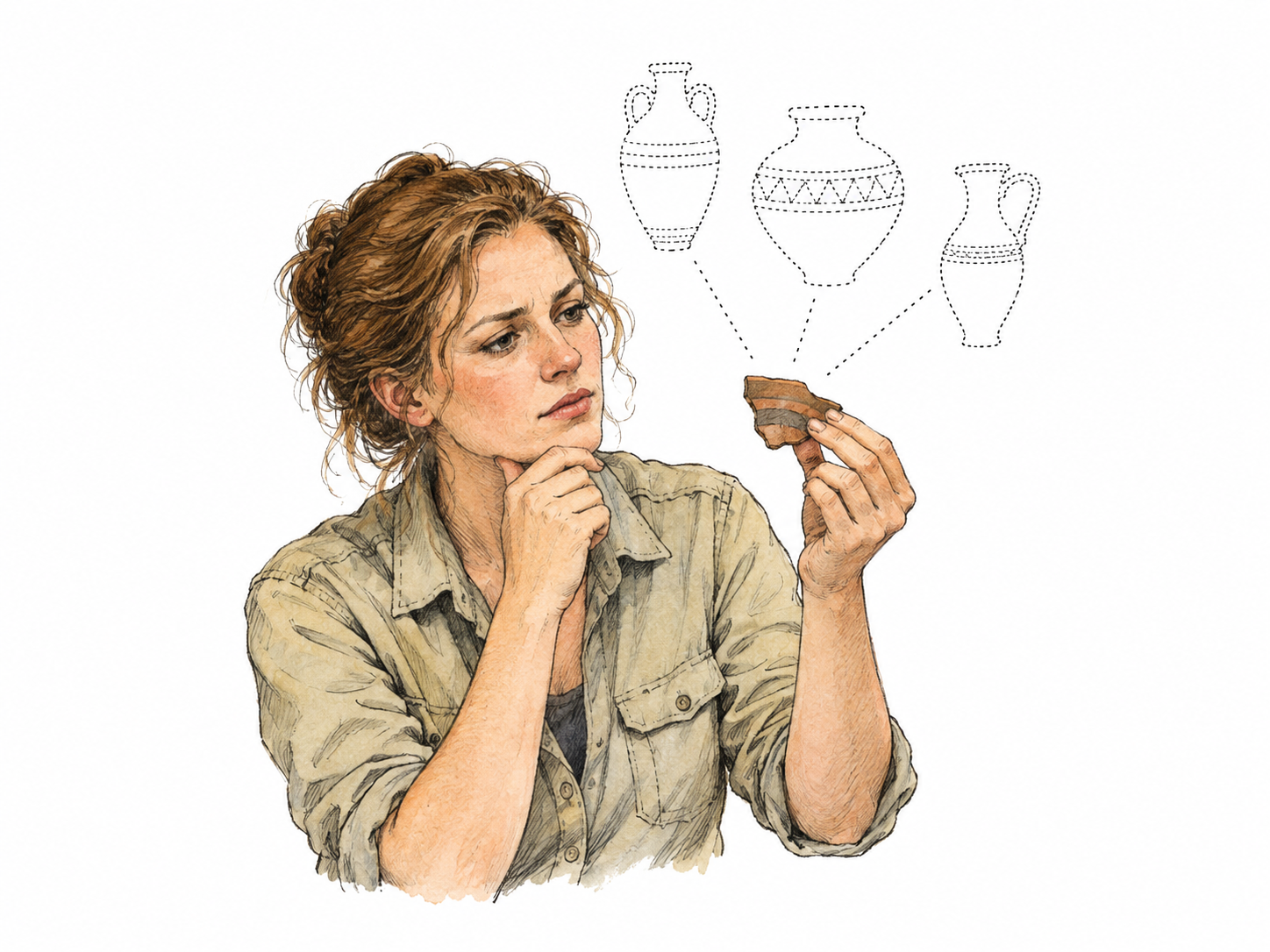 Archaeologist holds a tiny broken pottery fragment and imagines three faint dotted possible whole-vessel outlines above it, conjectural reconstruction without firm evidence.