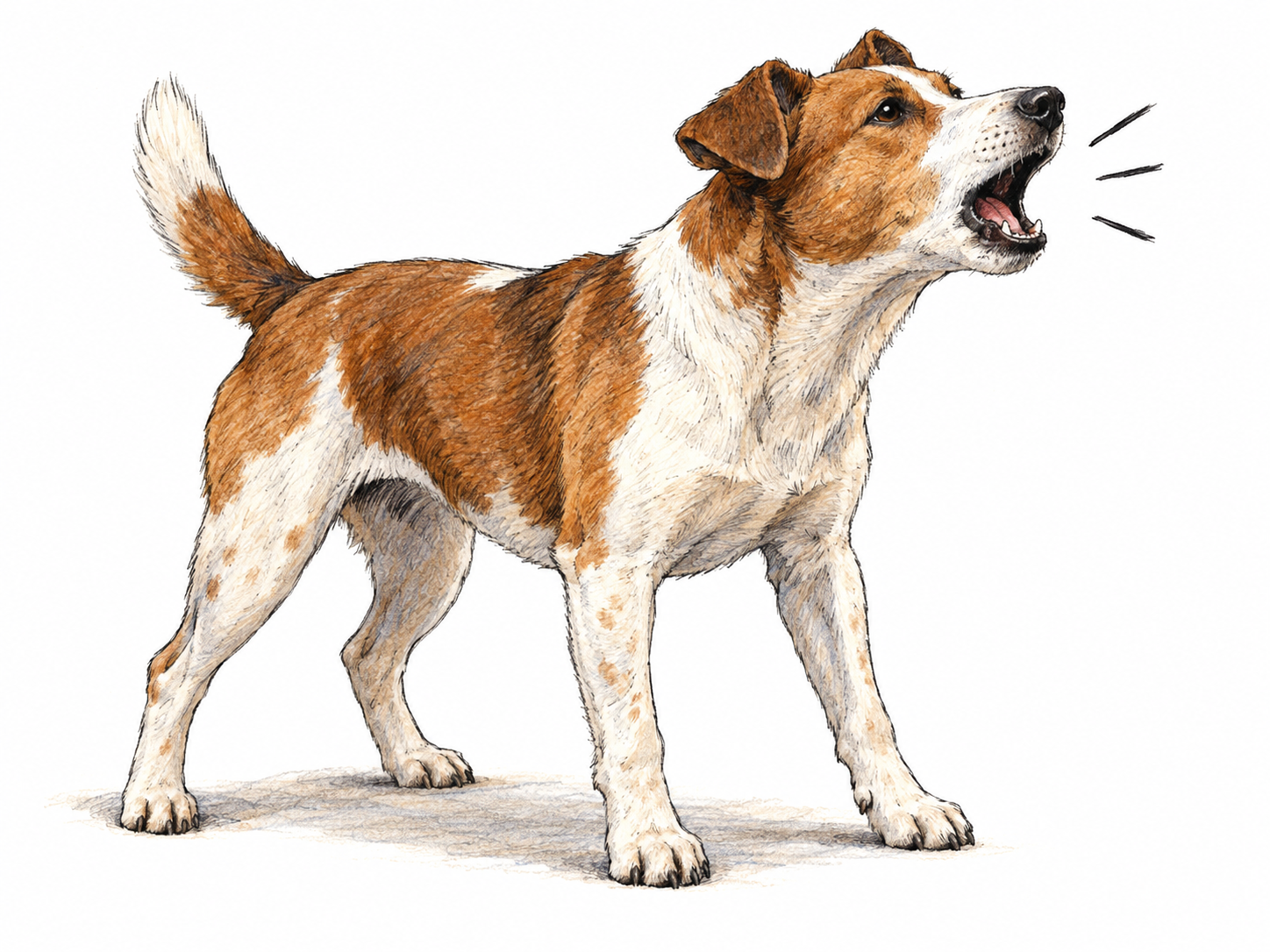 A dog caught mid-bark, with its muzzle lifted, jaws open in a short forceful bark, and a few small radiating ink strokes conveying the sound.