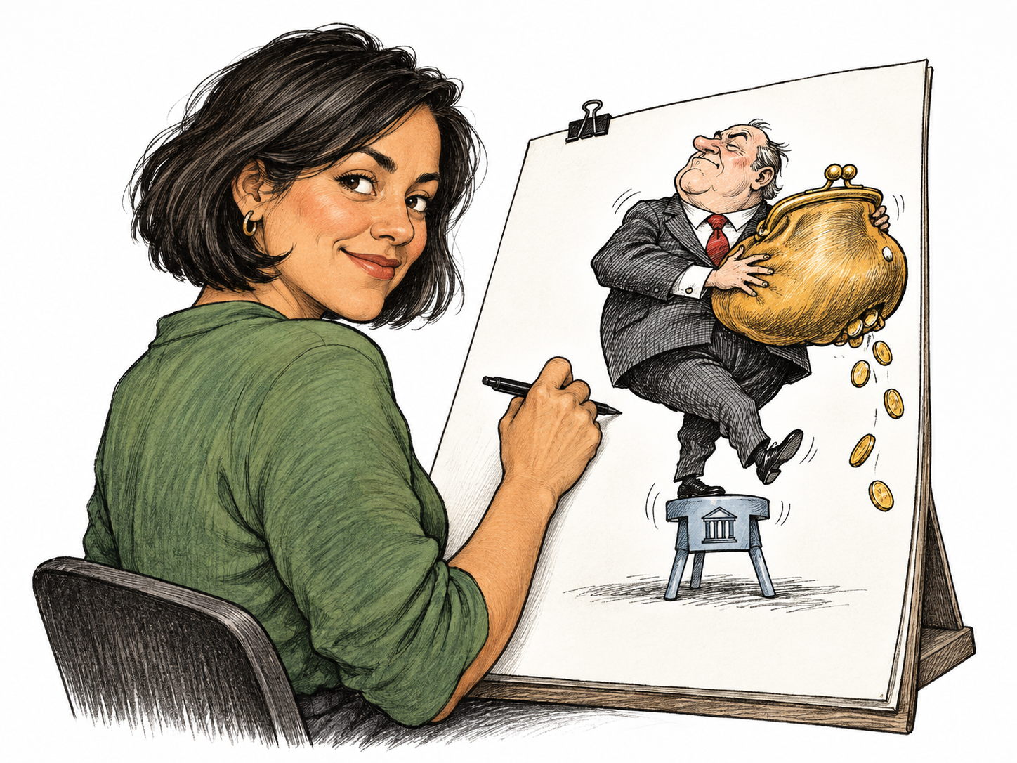 Cartoonist draws exaggerated pompous figure balancing huge coin purse on tiny public-service stool, smiles wryly while paper drawing exposes greed; no written words or identified real person, editorial ink within ink scene.