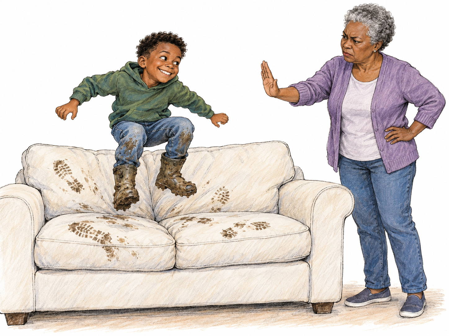A grinning child in muddy boots jumps on a clean sofa, leaving obvious muddy prints while an exasperated grandmother gestures for him to stop.