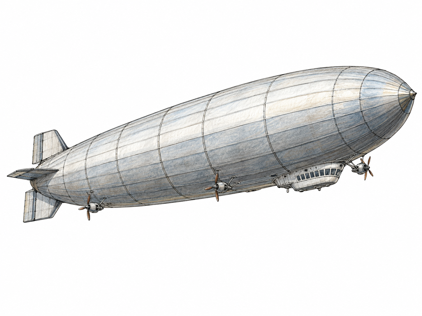 A single large rigid zeppelin in flight, shown in three-quarter side view with an elongated cylindrical hull, tapered ends, subtle structural ribs, tail fins, and a small suspended gondola.