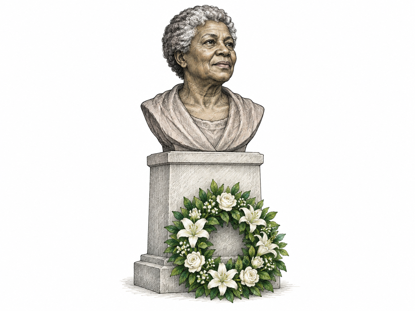 A modest stone portrait bust on a plain pedestal with a fresh wreath at its base, clearly something created to honor and remember the depicted person; neutral white ground, no inscription.
