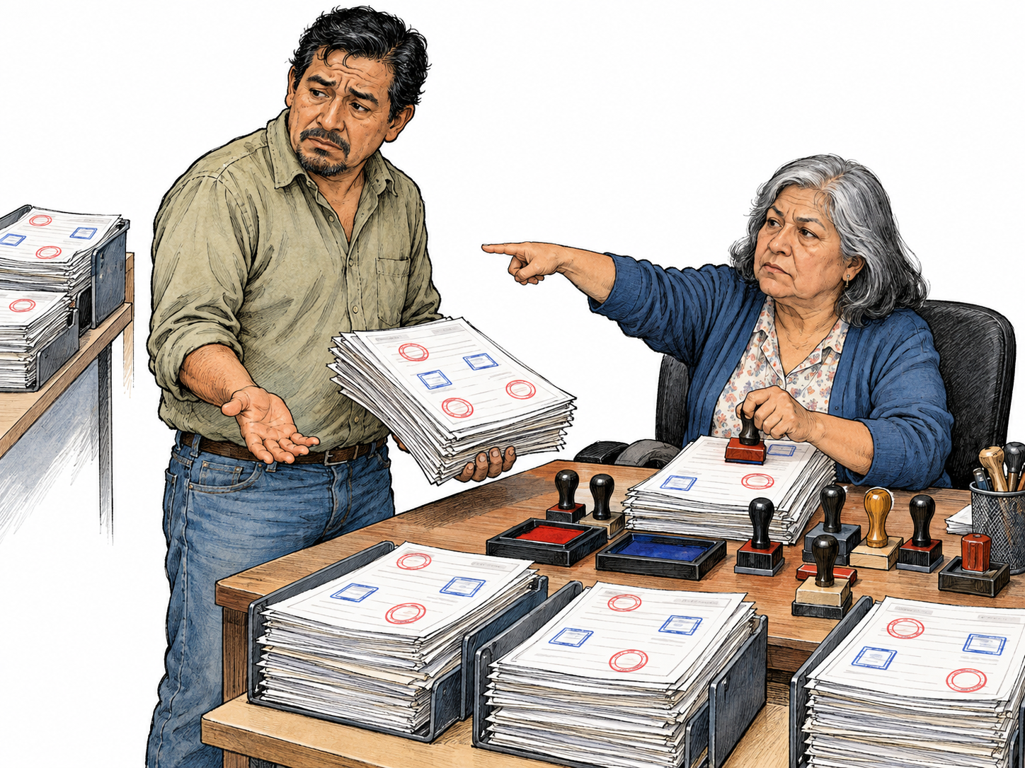 An exasperated applicant faces a needlessly elaborate paperwork circuit: after accumulating a thick bundle of repeatedly stamped forms, he is directed back to the first tray on the same desk.