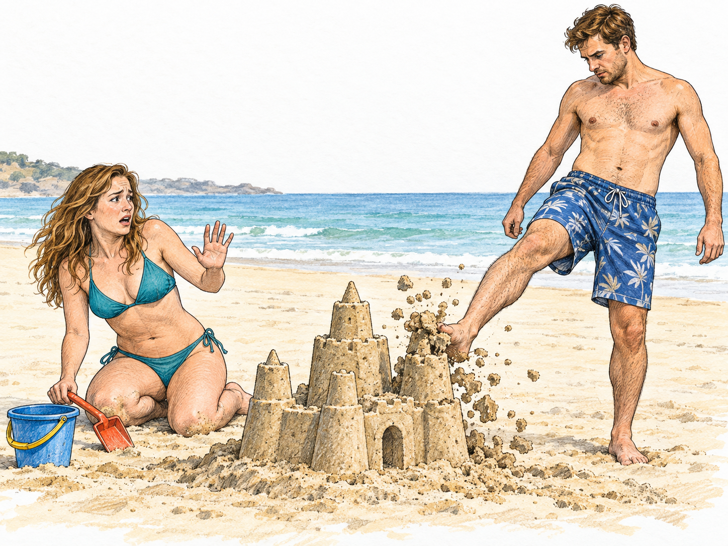 A man deliberately kicks apart a woman's sandcastle while she peacefully works on it, depicting gratuitous, uncalled-for destruction rather than an accident or a necessary action.
