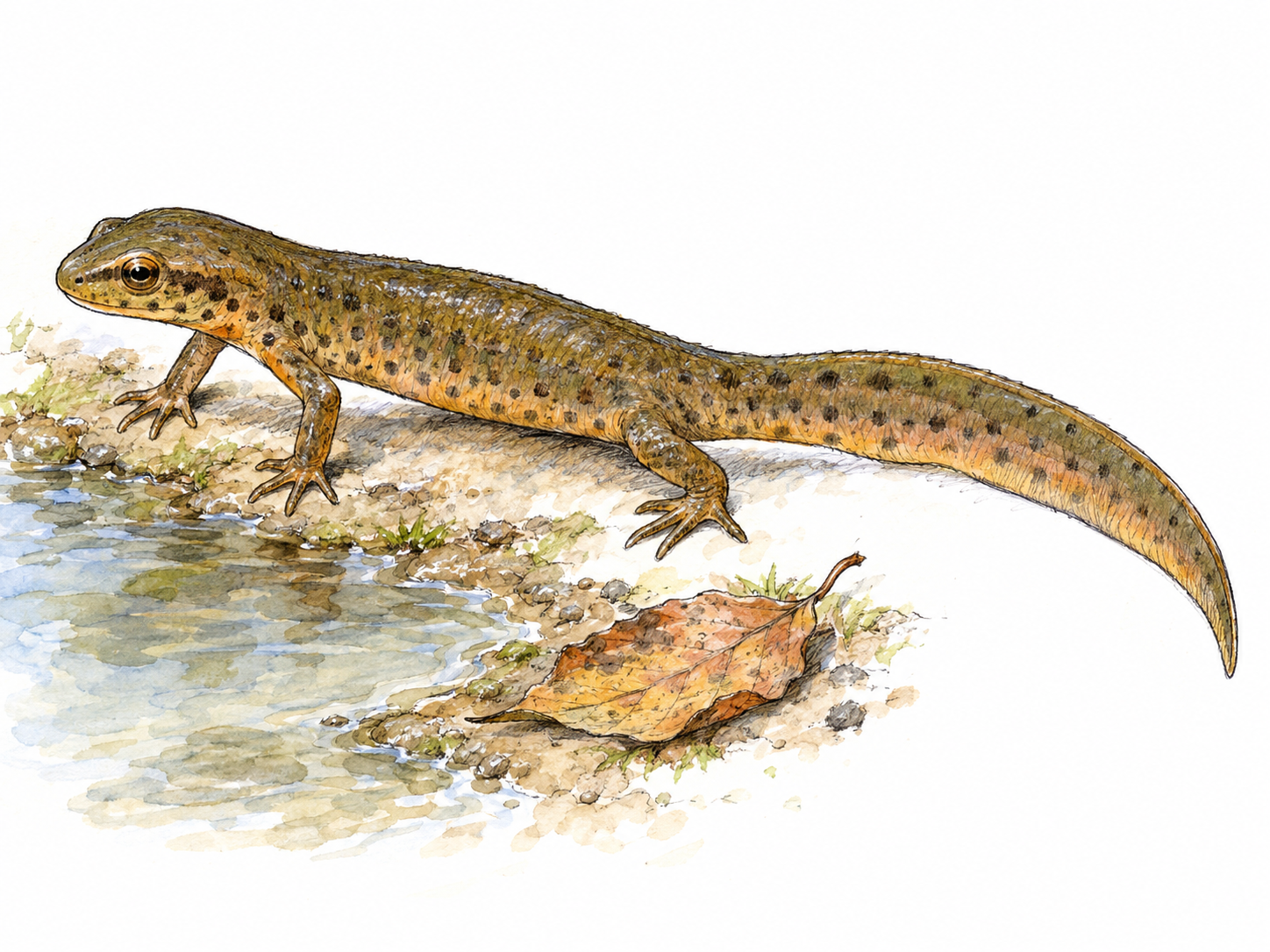 A single small newt beside a shallow pool, shown in three-quarter side view with its elongated body, four short legs, smooth moist skin, and long laterally flattened tail clearly visible.
