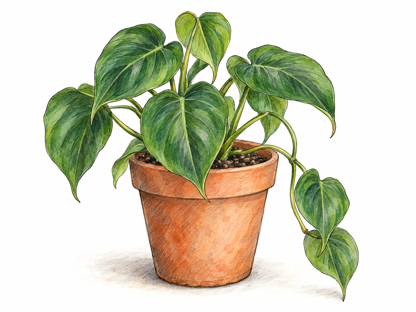 A healthy potted philodendron with broad, glossy, heart-shaped green leaves and a gently trailing stem, isolated against generous white space.