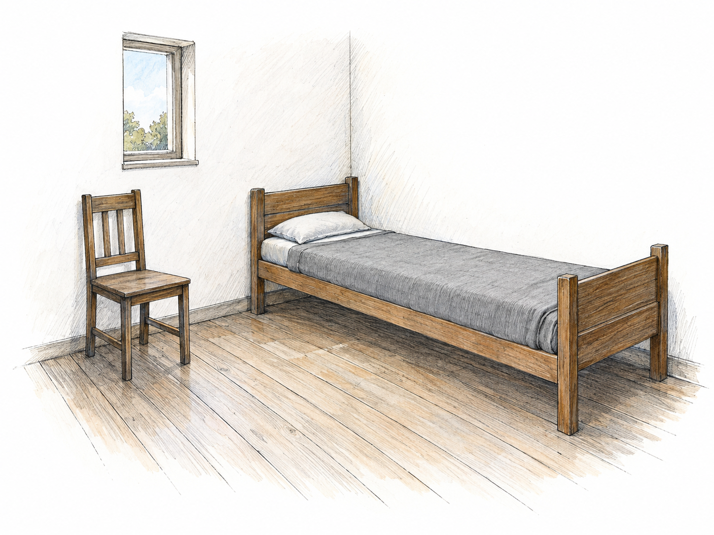 A stark but carefully maintained bedroom with a narrow straight-edged bed, thin gray blanket, hard wooden chair, and bare walls: deliberately plain, severe, and devoid of luxury.