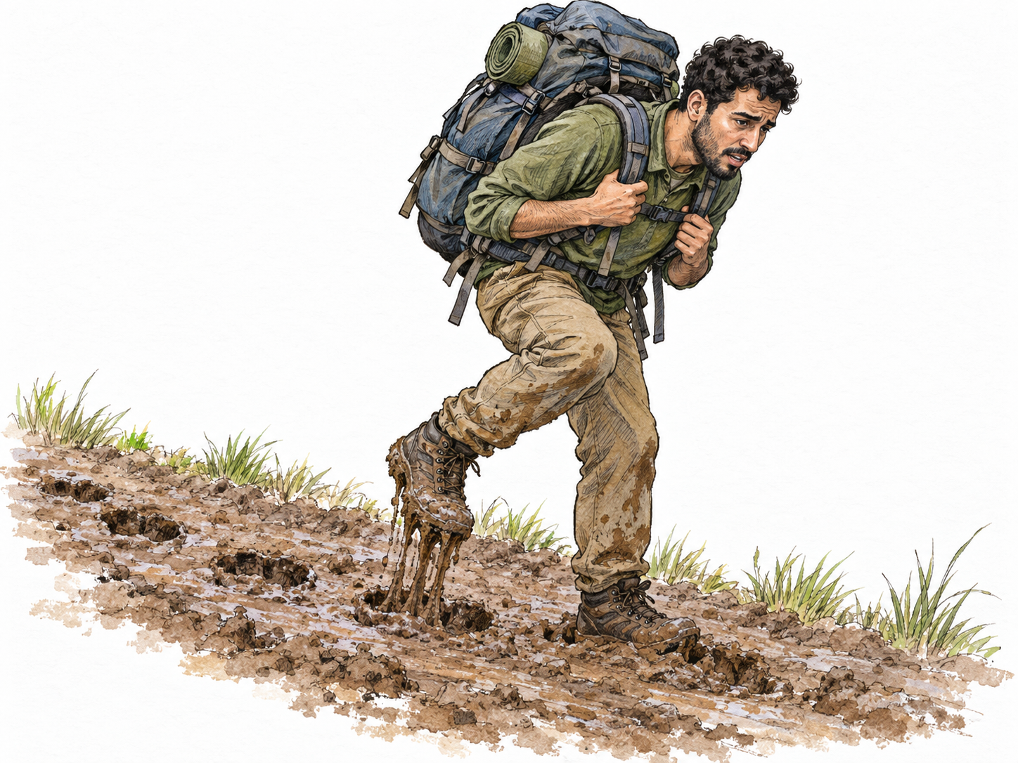 An exhausted backpacker laboriously pulls one boot out of deep, sticky mud on a gently uphill trail, with a short line of deep bootprints showing difficult progress.