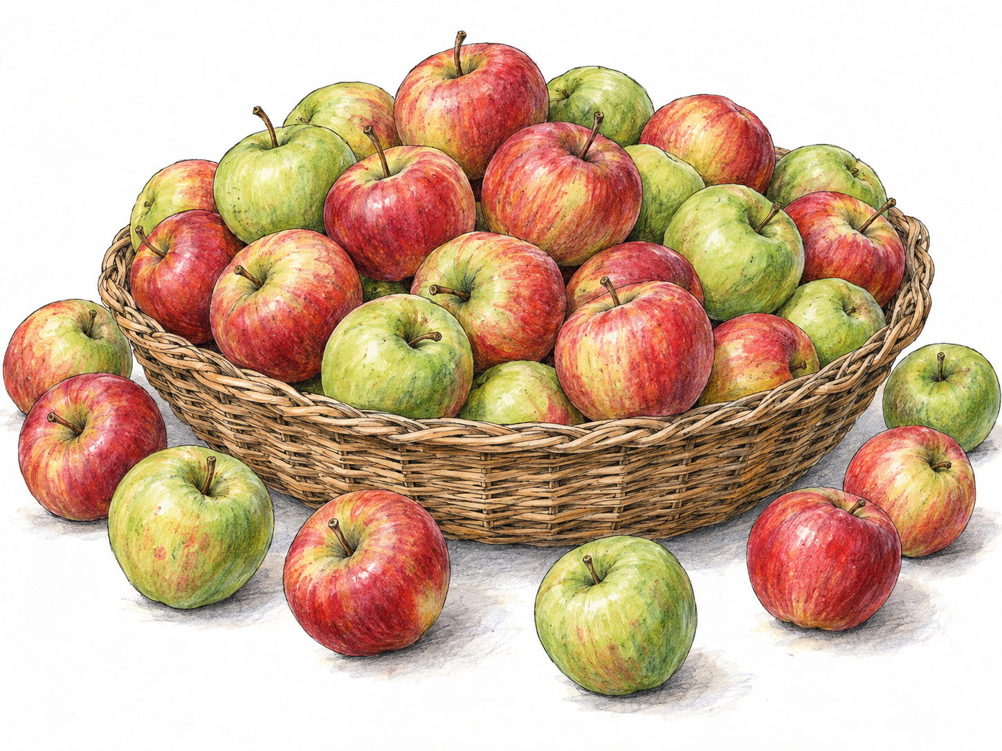 A broad, shallow basket overflowing with many individually recognizable apples, with more apples scattered around its base.