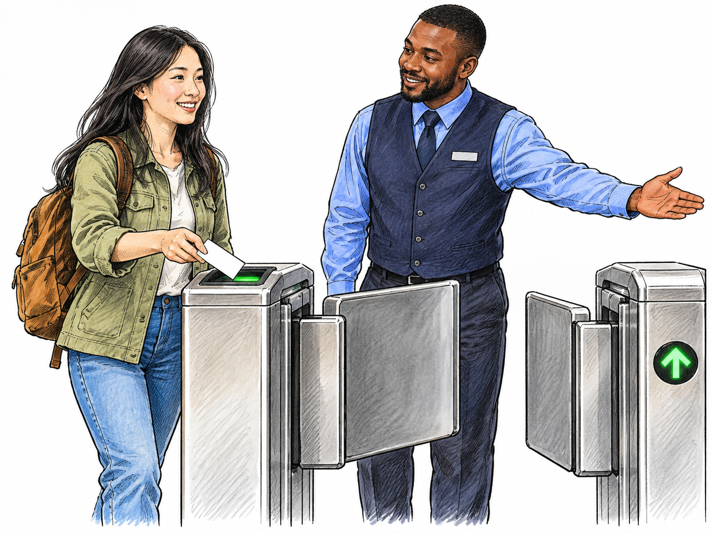 A traveler presents an intact plain ticket that fits the gate scanner slot; the attendant welcomes her through the open gate with a clear approving gesture; no letters or numbers.