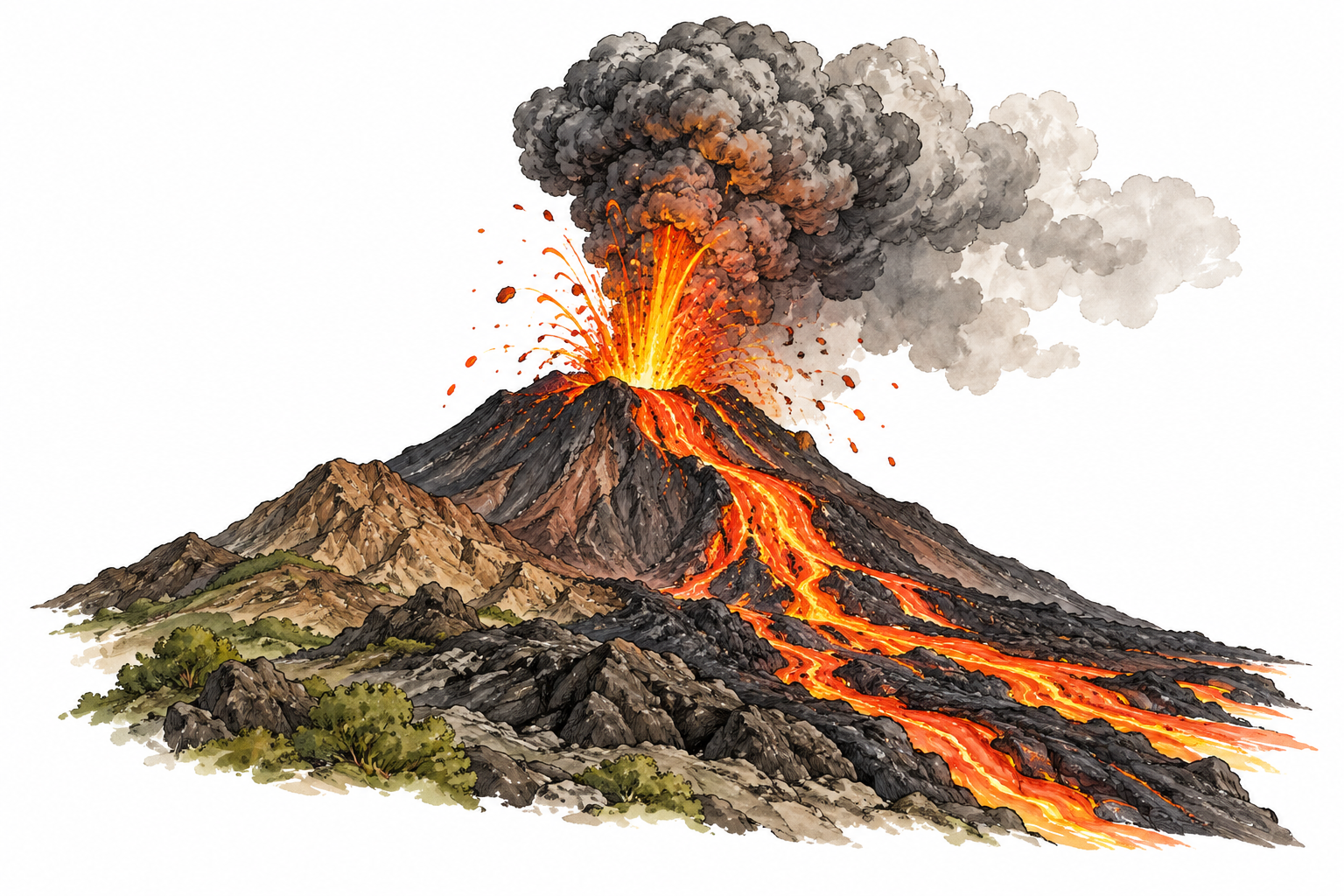 A dramatic volcanic eruption with plume rising and lava flowing, geological event object scene.