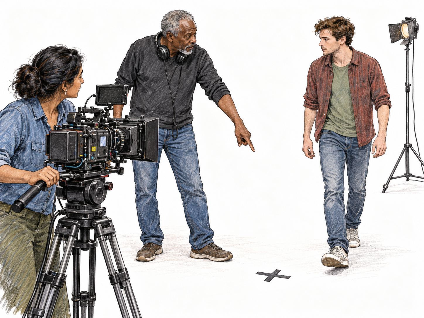 A film director guides an actor's positioning on a sparse production set while a camera operator waits for his direction.