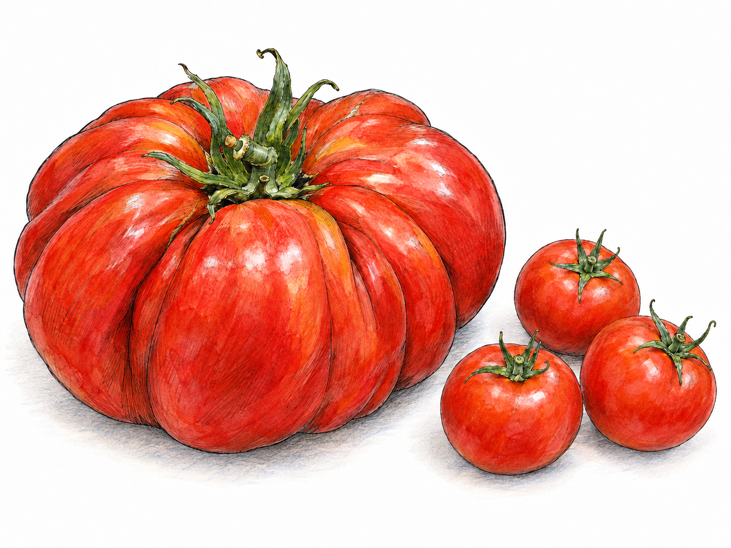 One extraordinary, enormous homegrown tomato dwarfs several ordinary tomatoes beside it, making a remarkable specimen immediately visible.