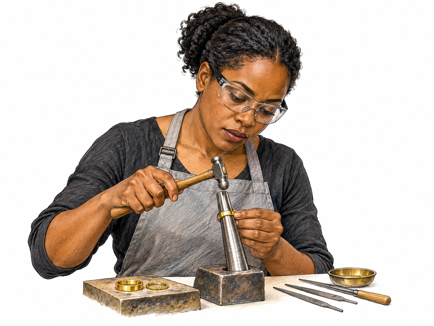 Craftsperson shapes small gold ring on mandrel with tiny hammer, clearly yellow-gold jewelry and delicate bench tools; focused hands, no shelves or shop background.