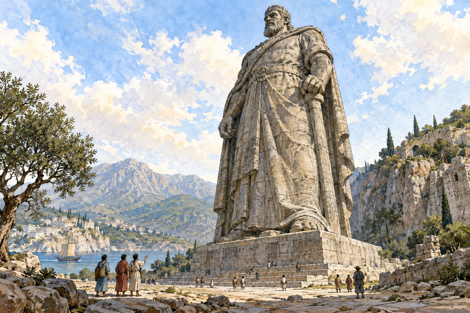 An enormous stone statue of a standing figure dwarfs visitors at its base, colossal size dominating composition, no inscriptions.