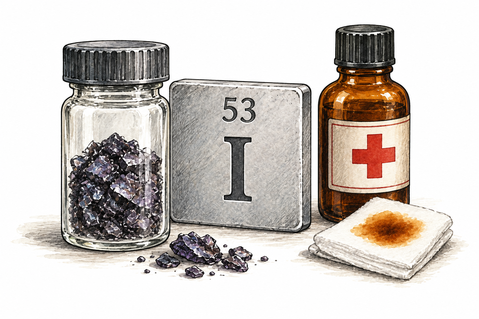 Dark gray iodine crystals in a sealed glass vial beside the element tile I 53 and a small brown antiseptic bottle, no exposed fumes.