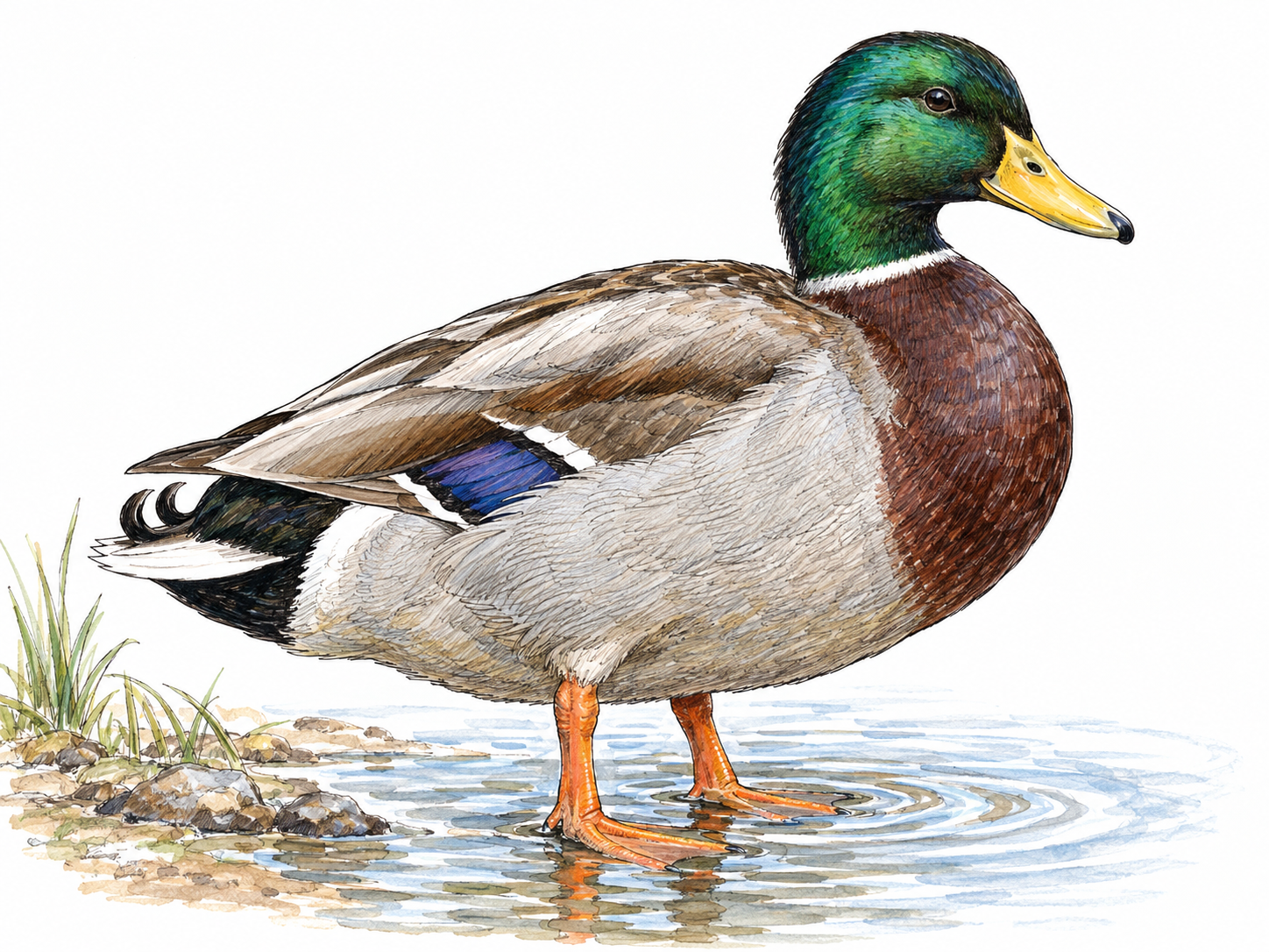 A single adult male mallard standing at a shallow pond edge, with its characteristic green head and other identifying plumage clearly visible.