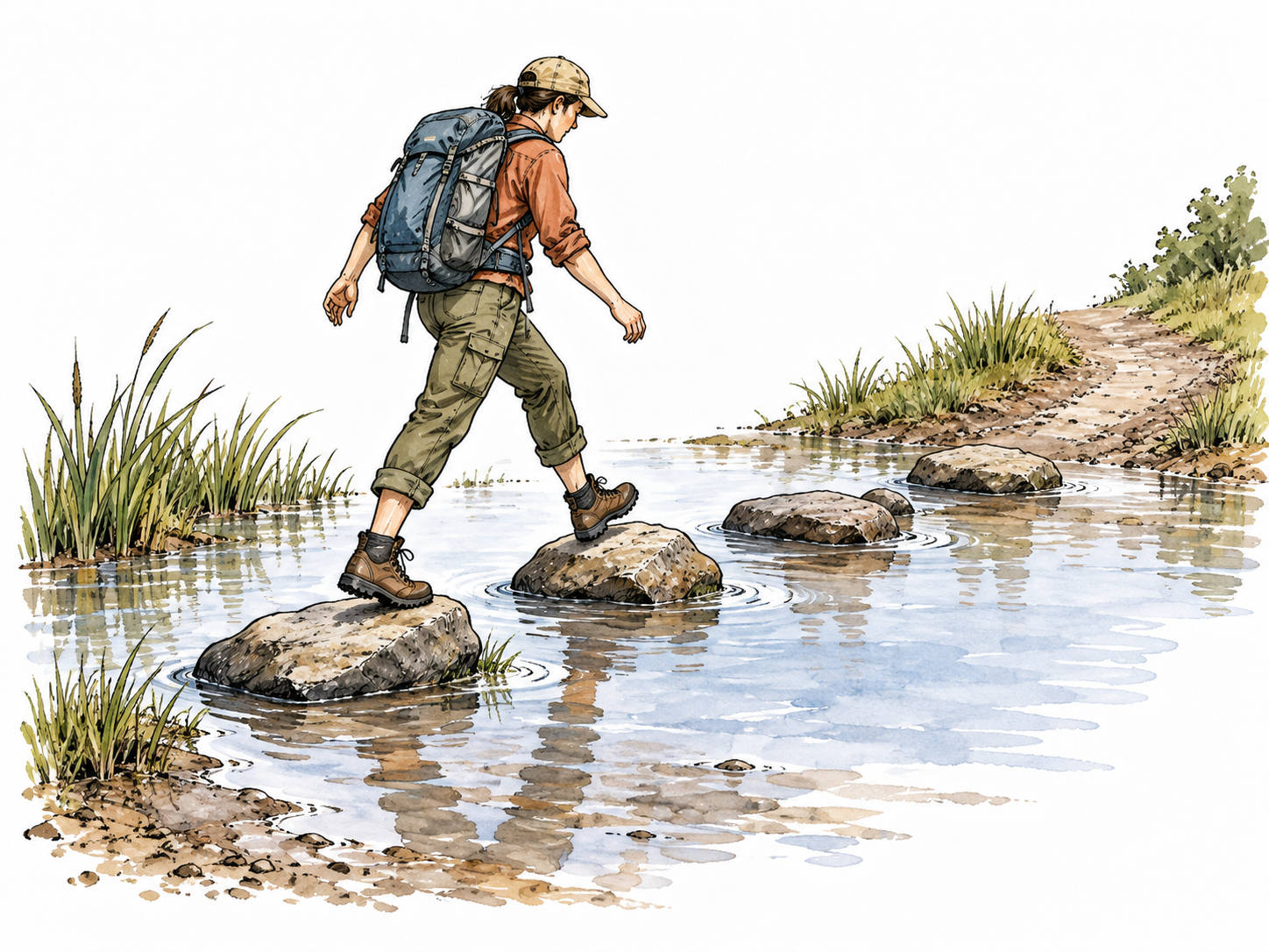 A traveler finds a practical stepping-stone route around a flooded footpath, solving passage by some means.