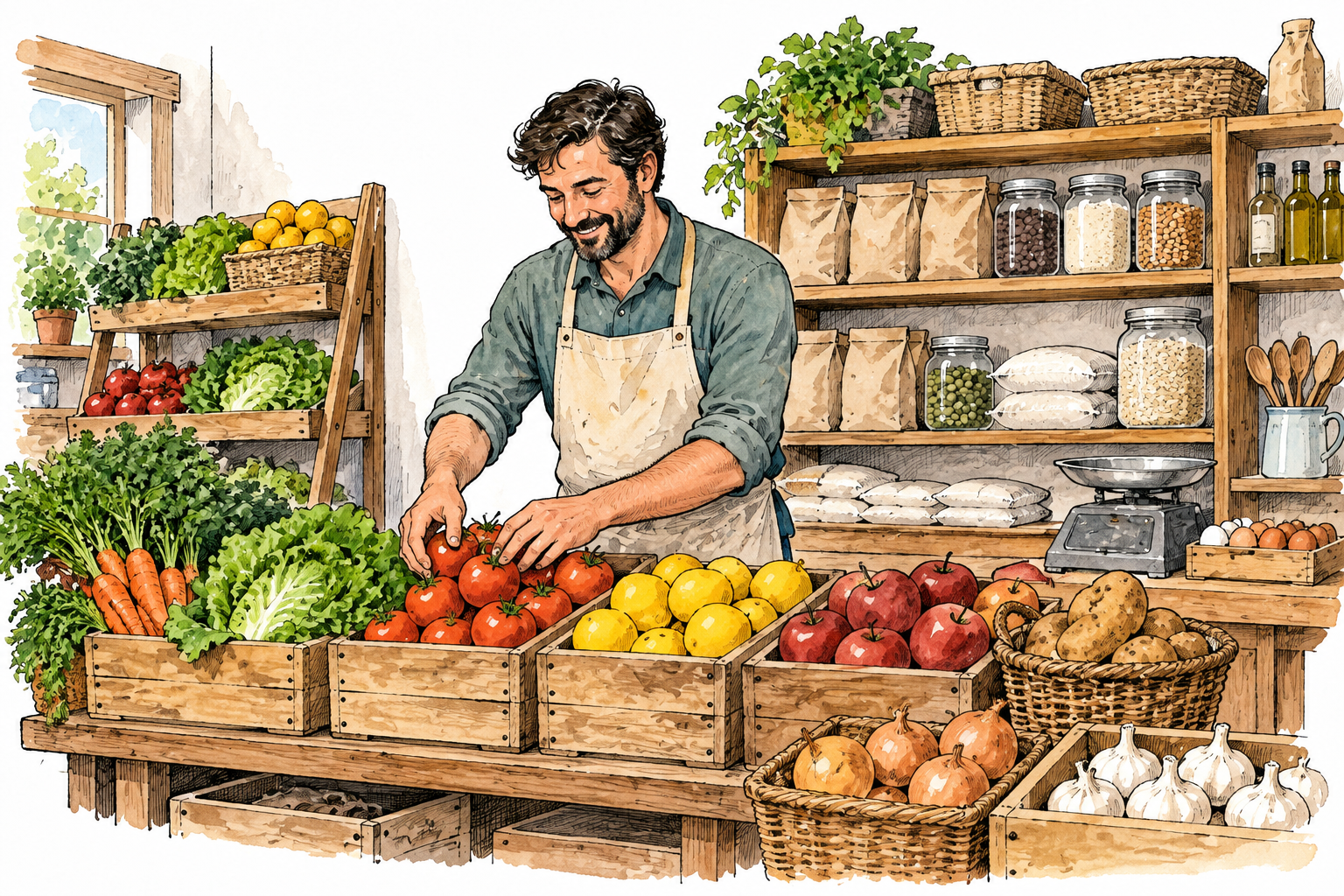 Friendly grocer arranges produce and basic food supplies in neighborhood shop, packages without labels.
