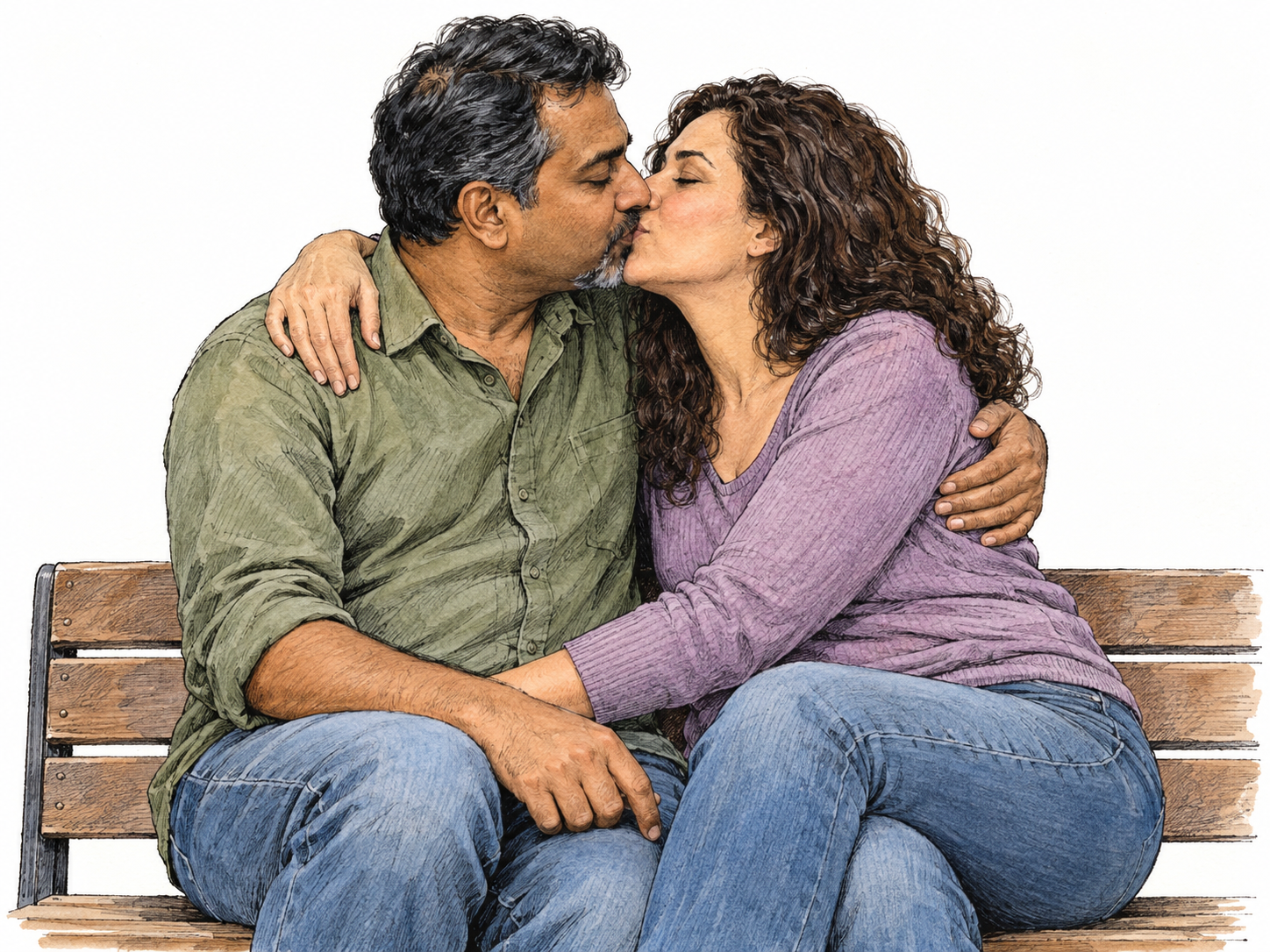 A middle-aged couple share a gentle kiss while cuddling closely on a simple bench, with reciprocal embraces making both affection and cuddling visible.