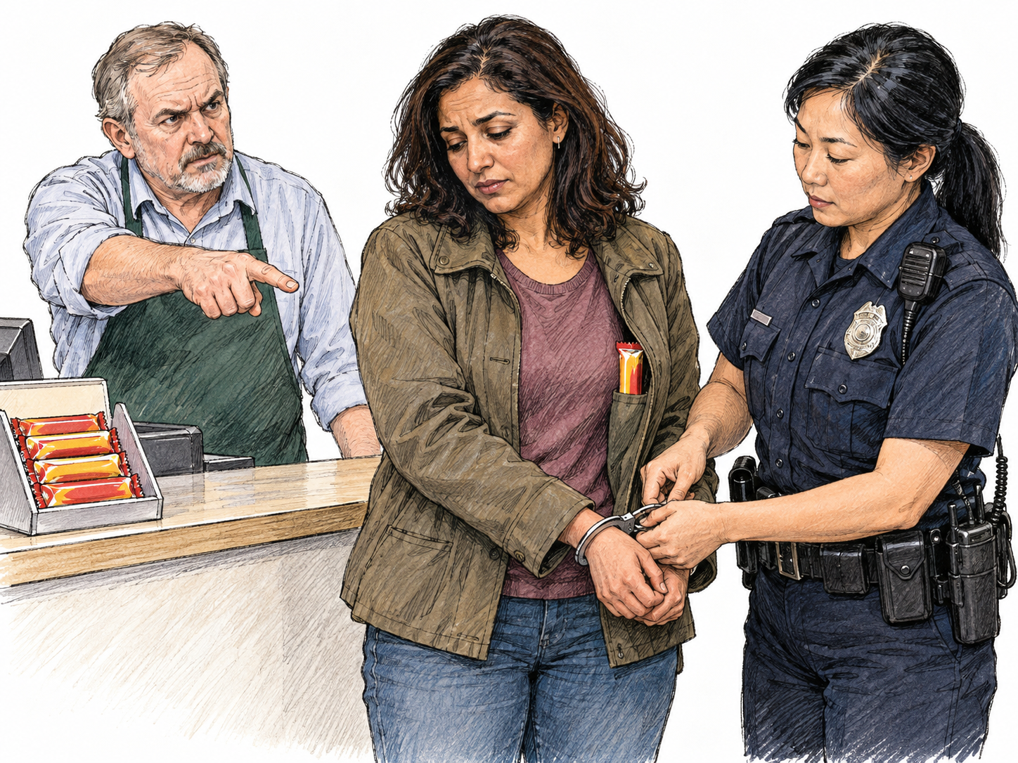 A small shoplifting offense receiving a proportionate police response: a shopper is being arrested beside a candy display, with one concealed candy bar visible in her coat pocket and the shopkeeper pointing it out.