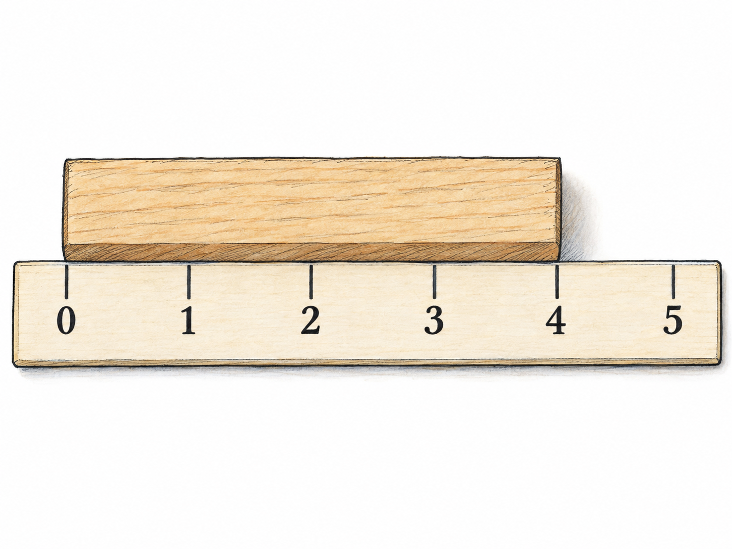 A rectangular wooden block aligned with a simple ruler, its ends precisely matching 0 and 4, makes its size visibly measurable.