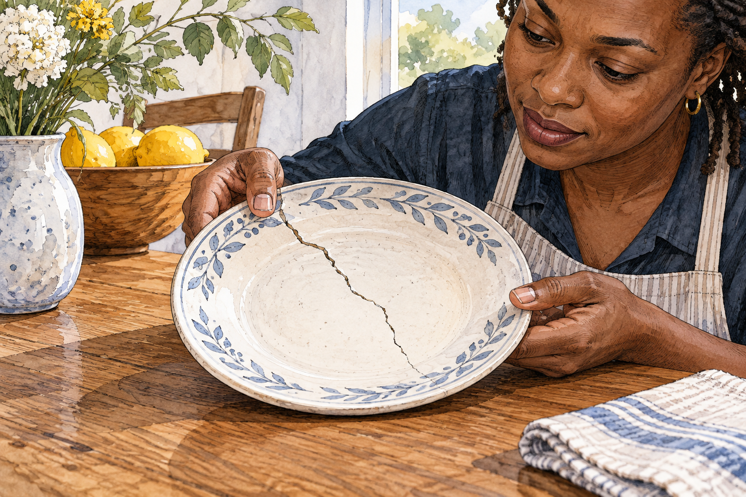 Close view of a narrow jagged crack running through a ceramic plate on a table, clear break without full separation.