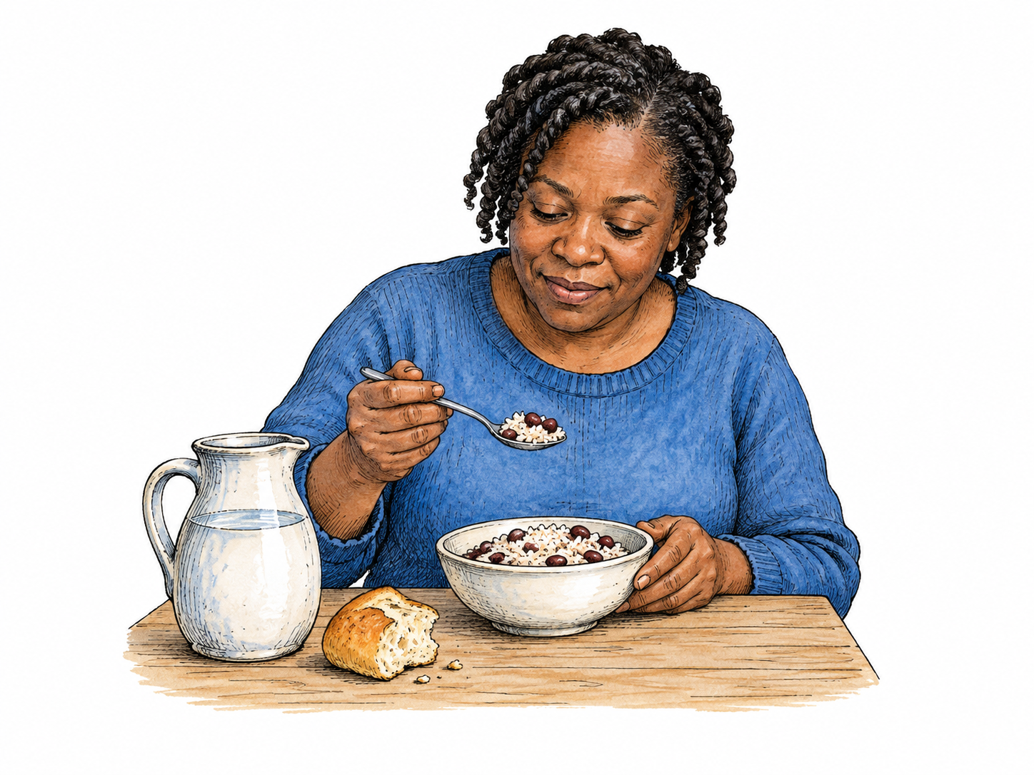 Woman eats modest bowl of rice and beans beside jug of water and small bread portion, only basic necessities on tiny plain table; sober survival rather than abundance.