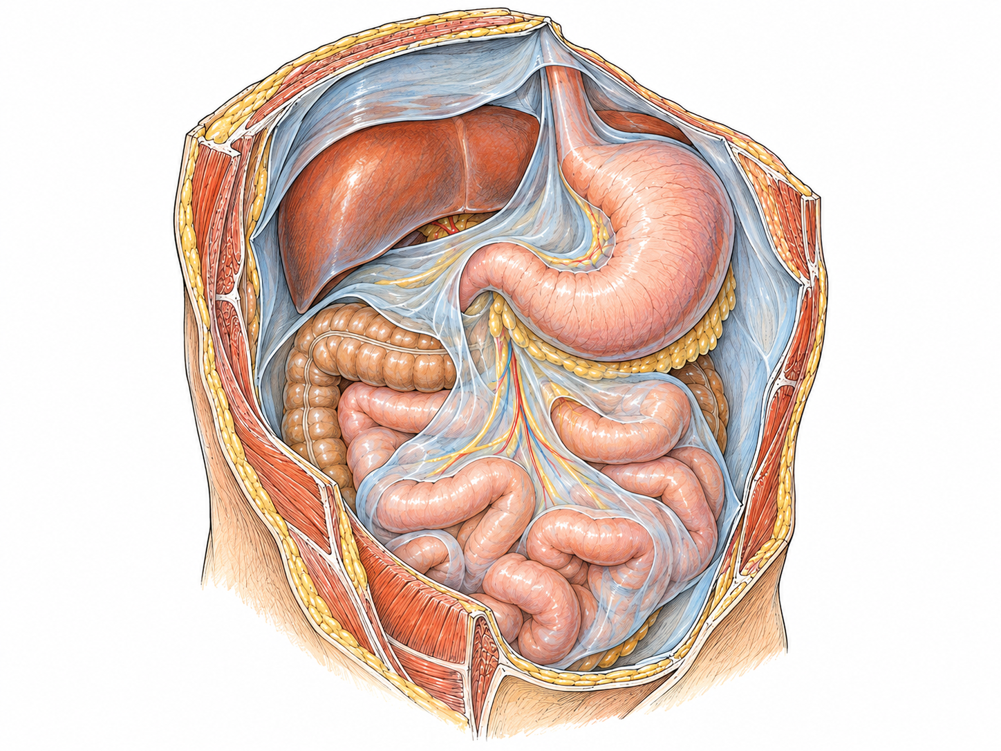 An isolated anatomical cutaway of the abdomen showing the peritoneum as a thin, continuous membrane lining the inner abdominal wall and reflecting over the stomach and intestinal loops.