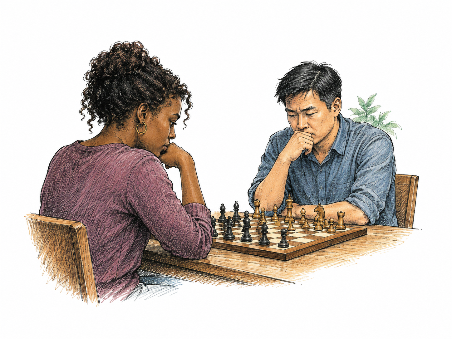 Two opposing chess players face each other across board with serious competitive expressions, one is foreground and the other unmistakable opponent; correct coherent chess pieces, no weapons.