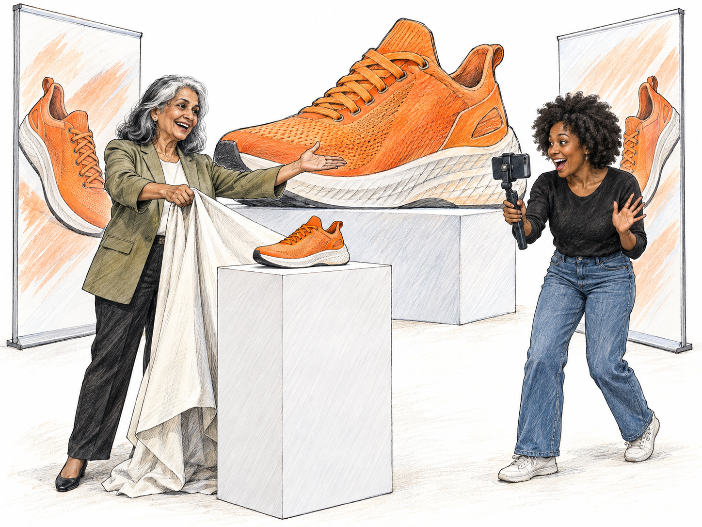 An extravagant publicity launch for a single sneaker: an oversized sneaker display and repeated product images surround a presenter, while an excited livestreamer films the reveal.