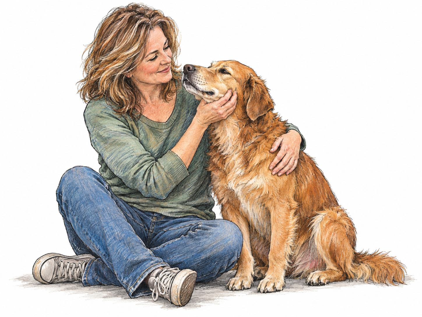 A middle-aged woman seated beside her relaxed dog, gently cupping its cheek and looking at it with a warm, affectionate smile as it leans into her hand.