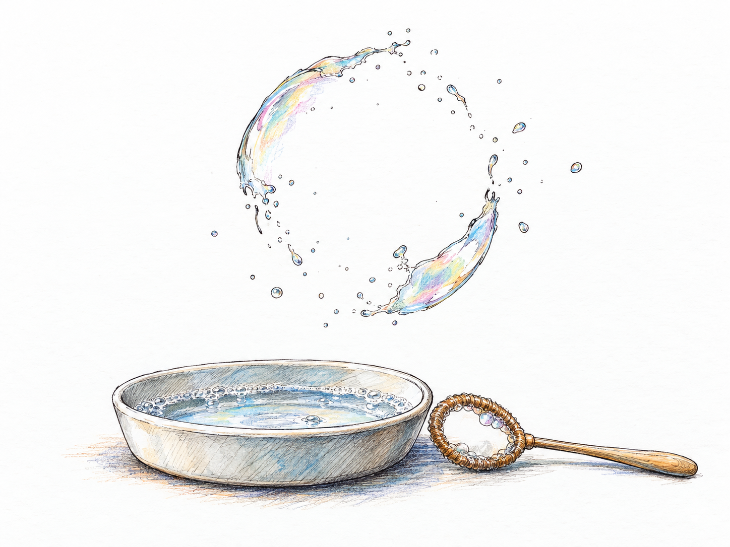 A soap bubble vanishes as it bursts in midair: only a broken crescent of its delicate film and a few tiny droplets remain above a bubble wand.