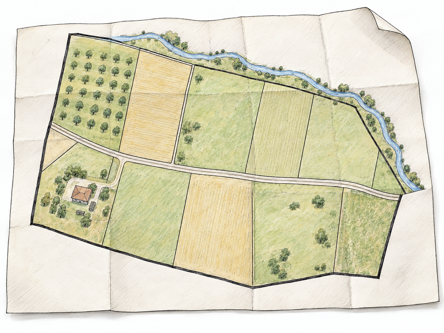 An unfolded cadastral map with clearly bounded adjoining land parcels, a road, and a stream; the map itself is the sole subject.