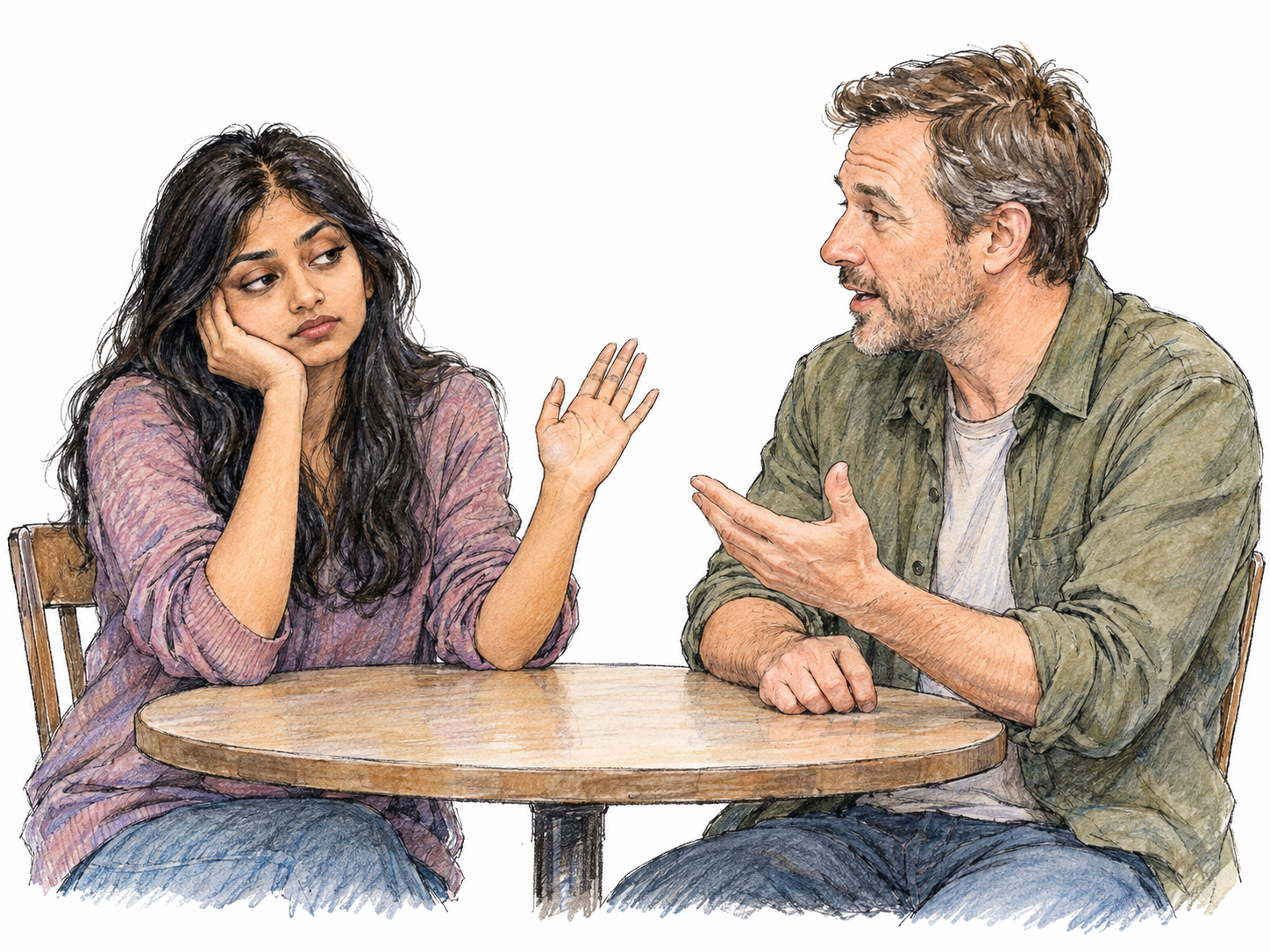 A bored young woman rests her cheek in one hand and makes a small dismissive wave while a man beside her continues talking with an open-handed gesture.