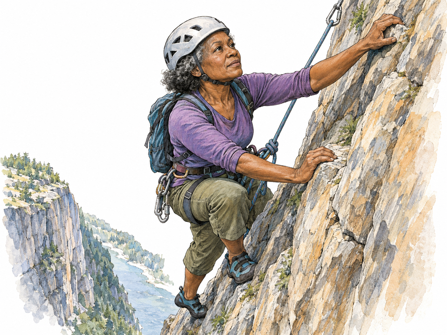 An older climber advances steadily up a steep exposed rock face, reaching firmly for the next hold with a composed, determined expression.