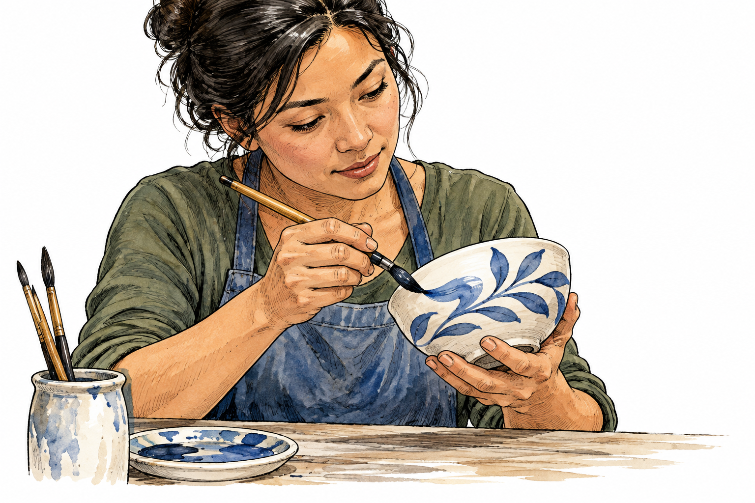 Close view of an adult artist demonstrating a controlled brush technique on a ceramic bowl.