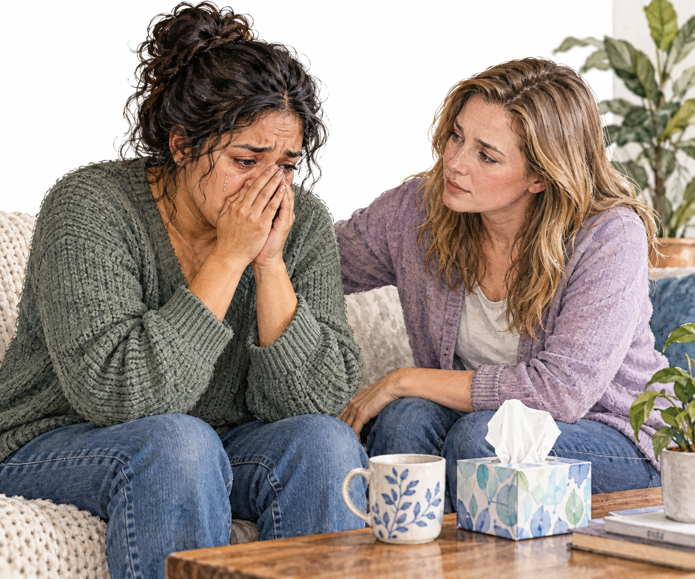 Distressed adult sits with worried tearful expression while a supportive friend gently listens.