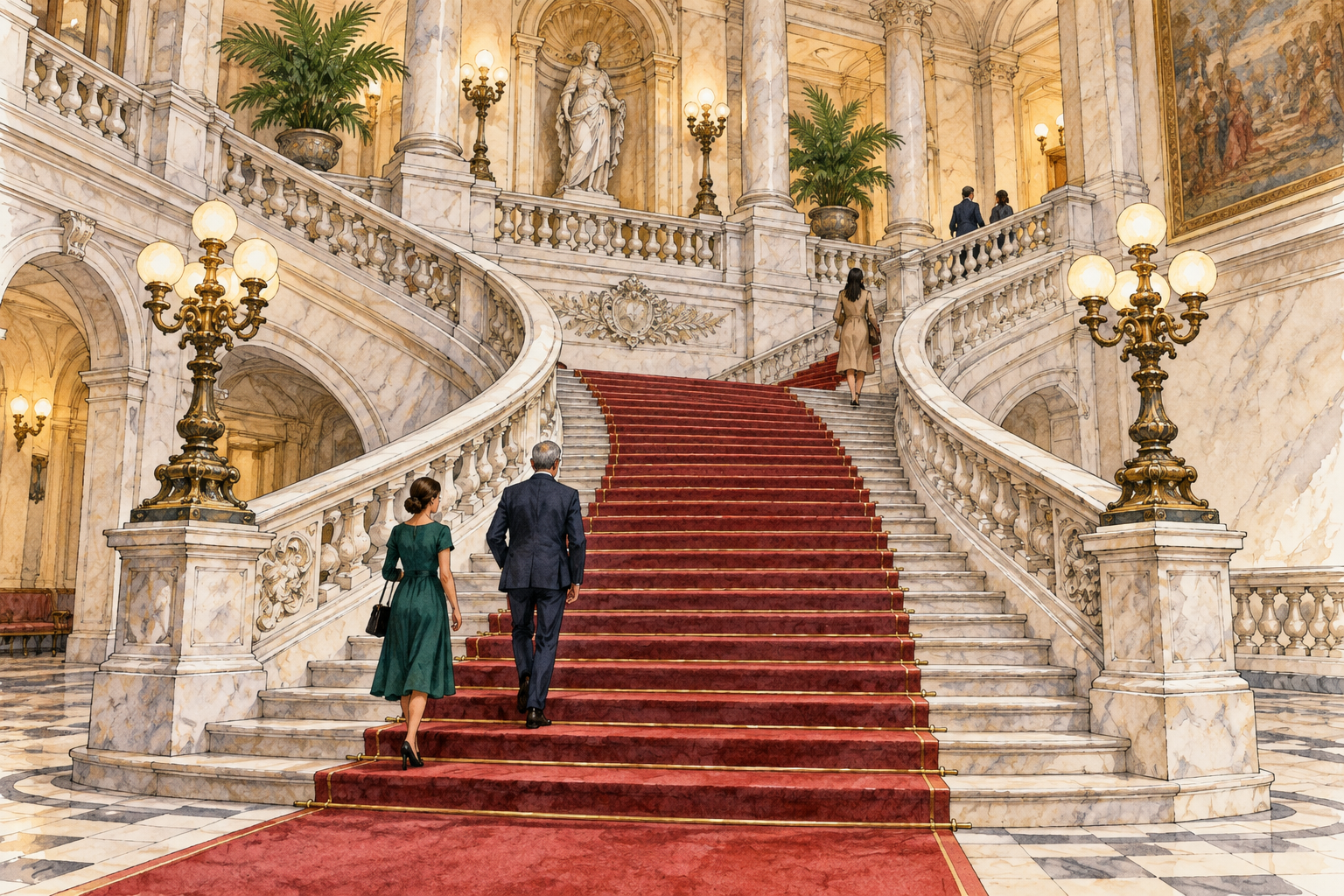 An impressive grand staircase in a spacious elegant public hall, sweeping scale and intricate craftsmanship.