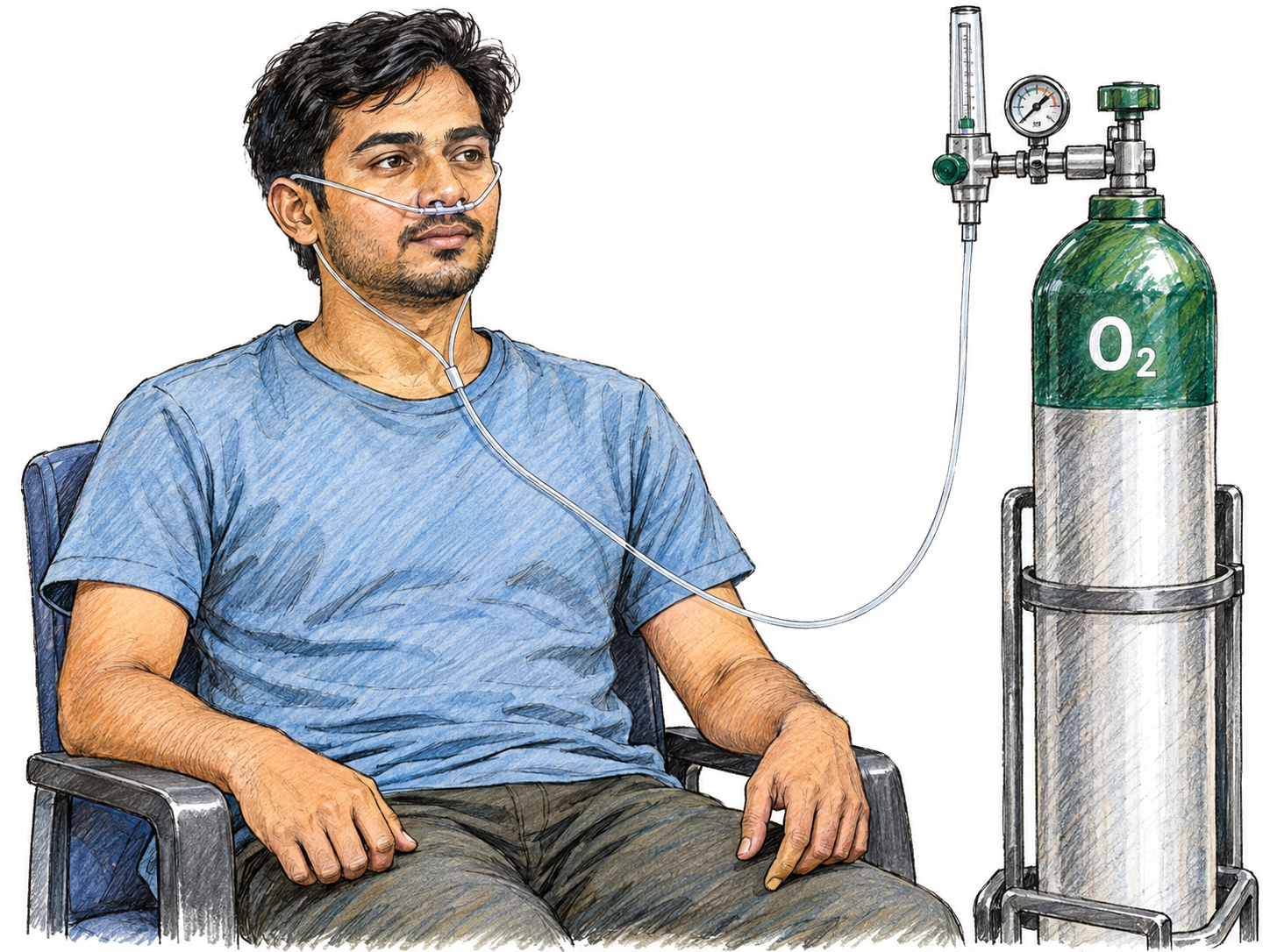 A seated young adult receives supplemental oxygen through a nasal cannula connected to a medical oxygen cylinder bearing only the indispensable chemical marking O₂.