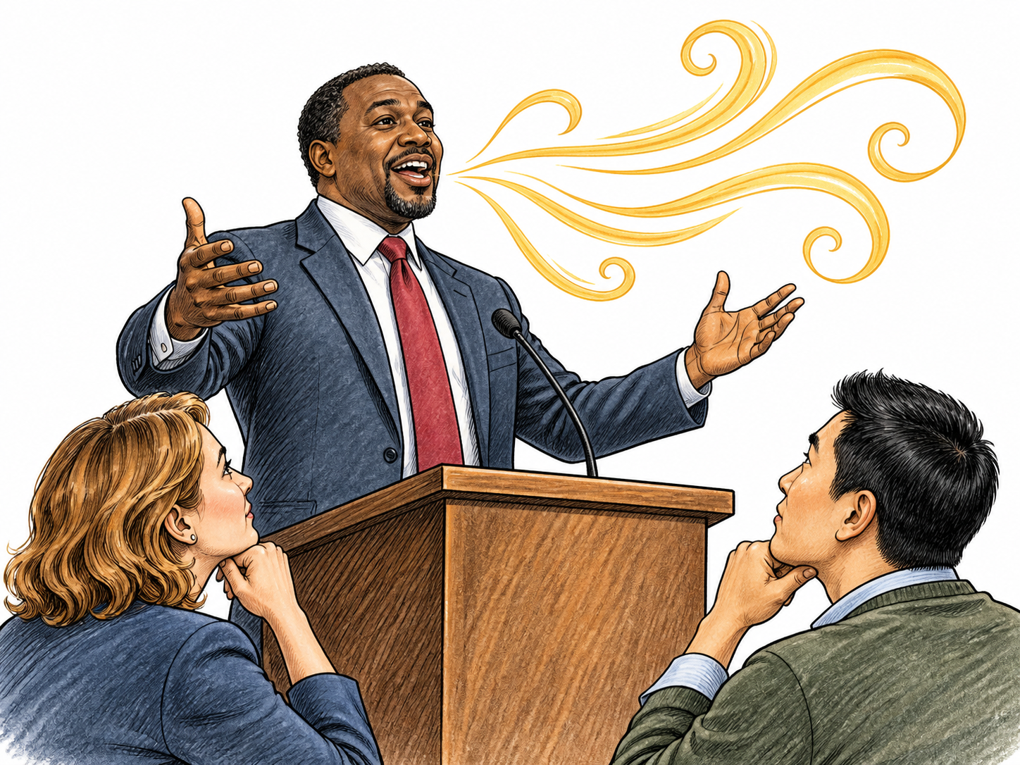 Modern speaker uses broad persuasive gestures before attentive listeners, with elaborate swirling speech lines but no written promises or slogans.