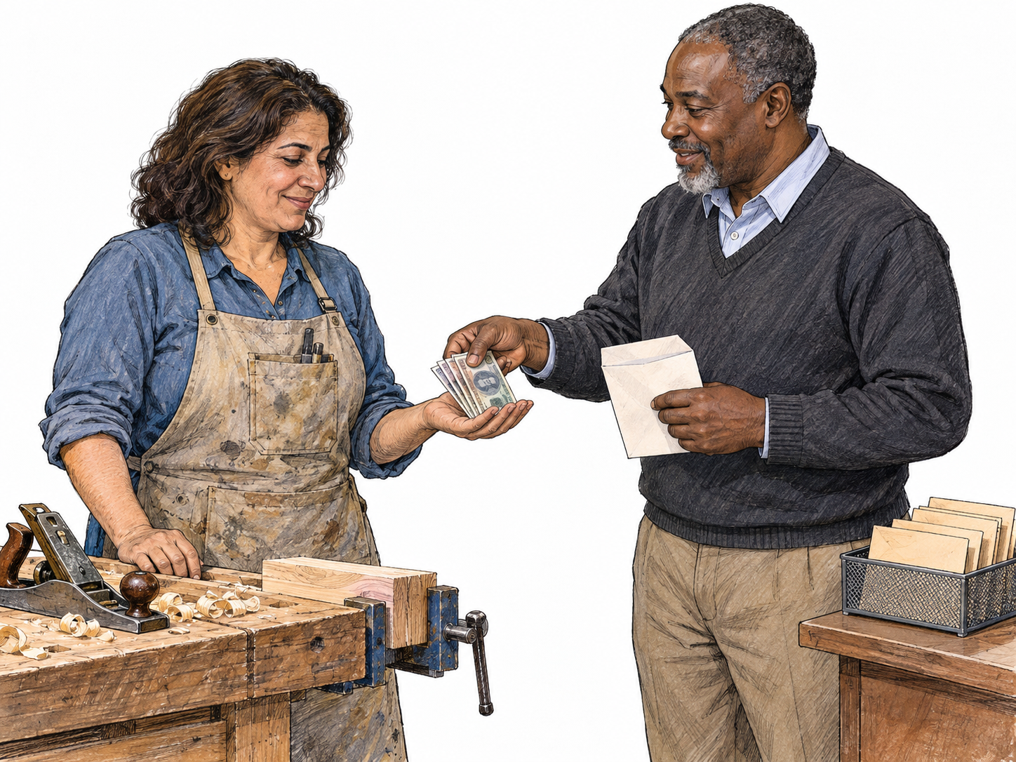 A workshop employee receives her wages from the payroll manager: he hands her visible banknotes from an open pay envelope while she stands beside her workbench in a used work apron.