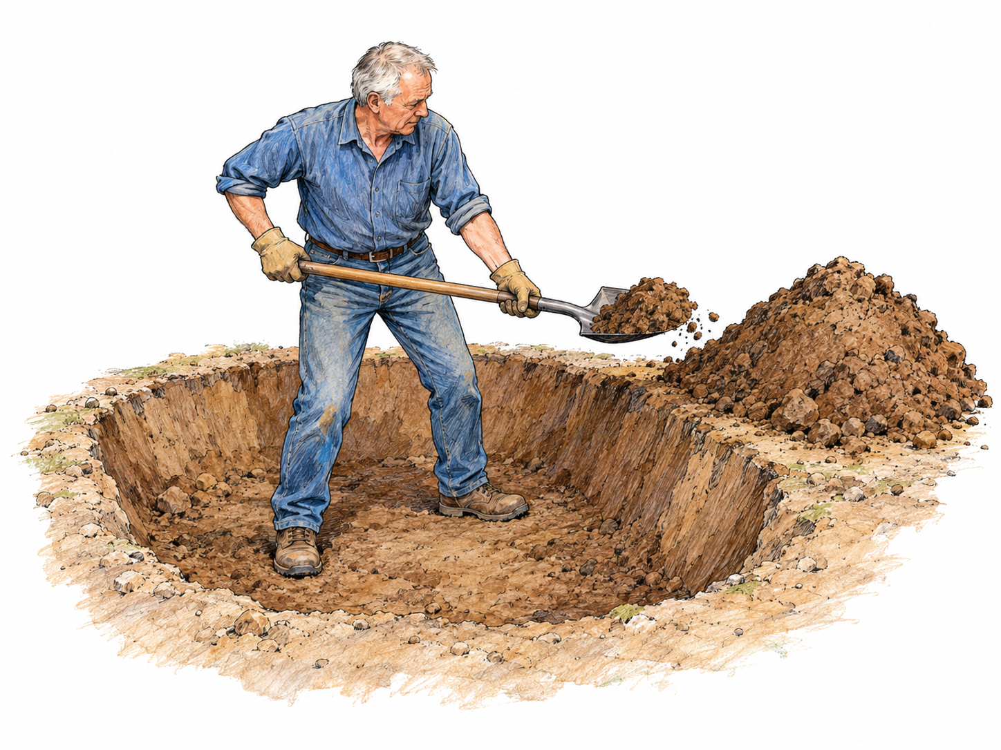 A worker shovels earth out of a shallow, broad pit onto a spoil pile beside its rim.
