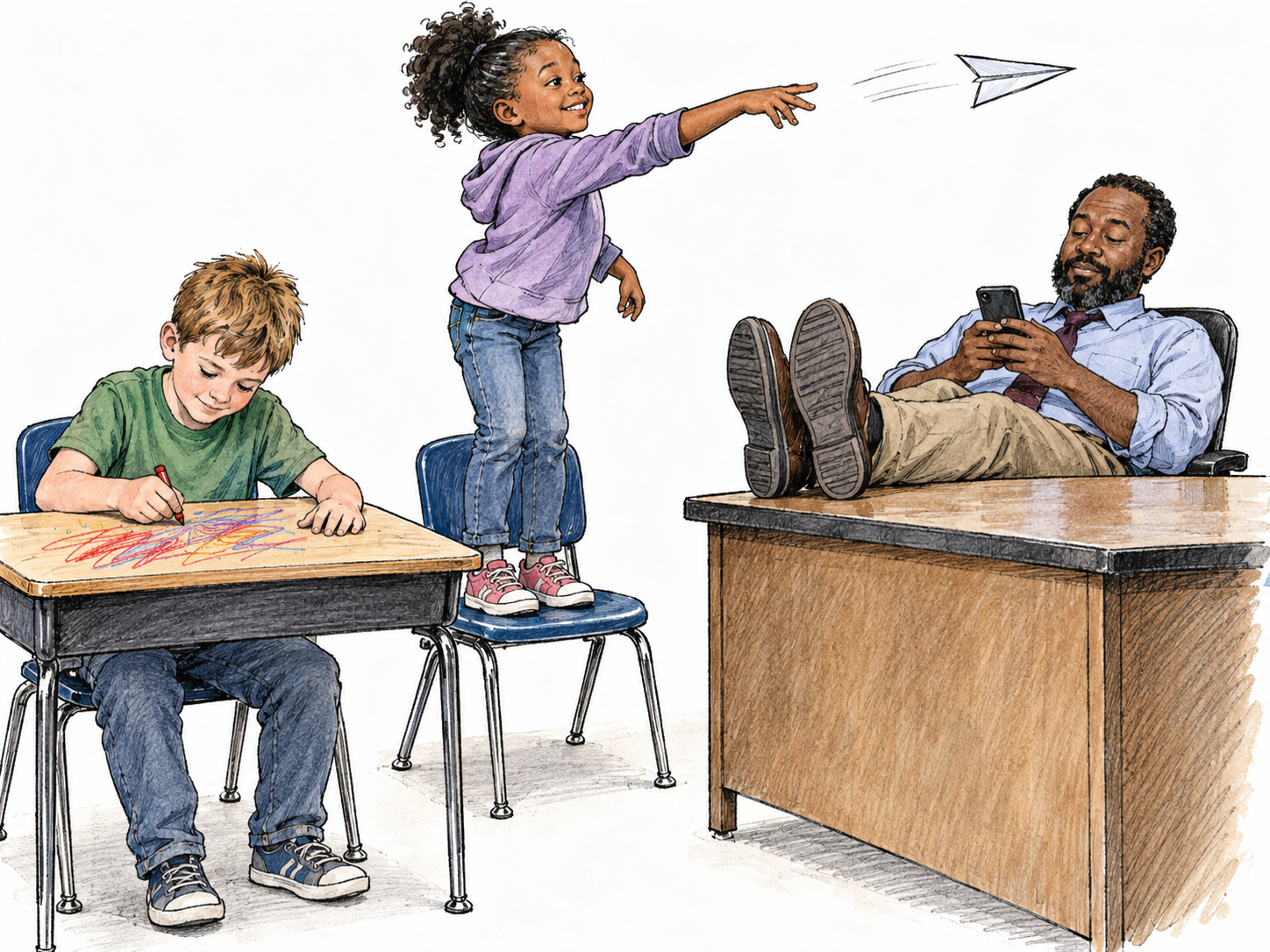 A teacher lounges with his feet on the desk while pupils openly misbehave directly in front of him: one stands on a chair throwing a paper airplane while another scribbles across a desktop.